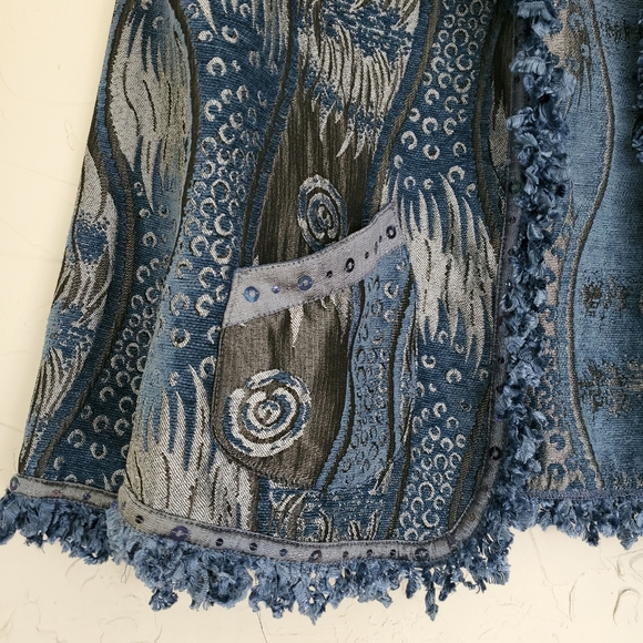 Vintage 90s Rare Stunning Upholstery Sequin Fringe Patterned Jacket - Picture 4 of 10